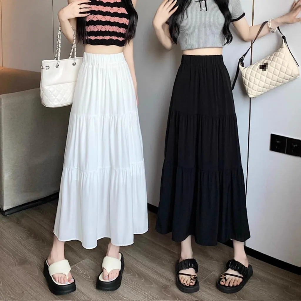 Womens Long Skirts Pleated A Line Tiered Midi Dress Elastic High Waisted Skirt Swing Flared Long Skirt Casual Mid Skirt