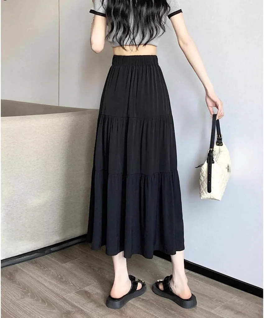 Womens Long Skirts Pleated A Line Tiered Midi Dress Elastic High Waisted Skirt Swing Flared Long Skirt Casual Mid Skirt