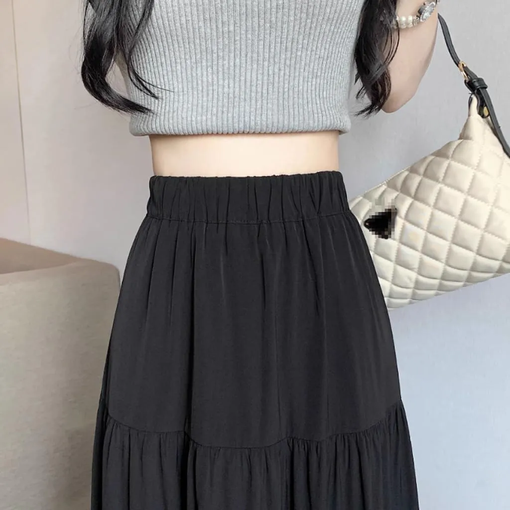 Womens Long Skirts Pleated A Line Tiered Midi Dress Elastic High Waisted Skirt Swing Flared Long Skirt Casual Mid Skirt
