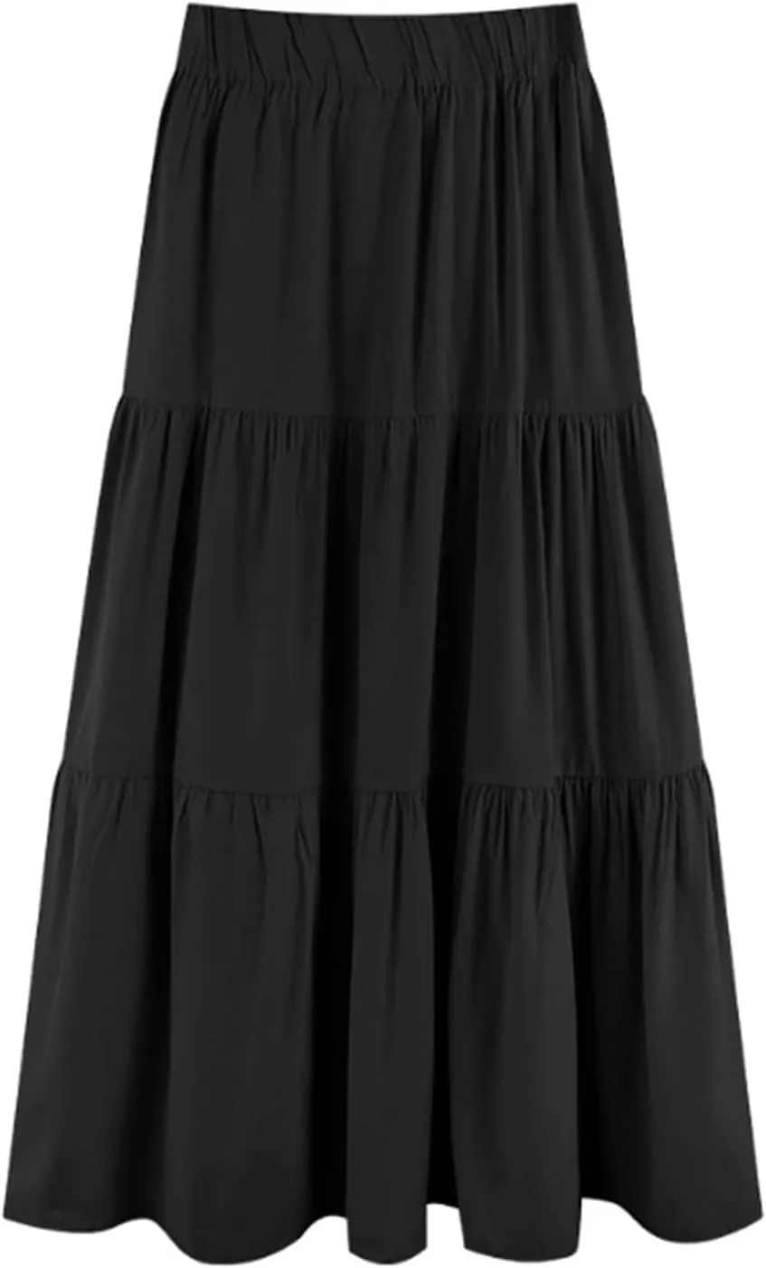 Womens Long Skirts Pleated A Line Tiered Midi Dress Elastic High Waisted Skirt Swing Flared Long Skirt Casual Mid Skirt