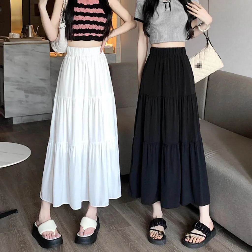 Womens Long Skirts Pleated A Line Tiered Midi Dress Elastic High Waisted Skirt Swing Flared Long Skirt Casual Mid Skirt