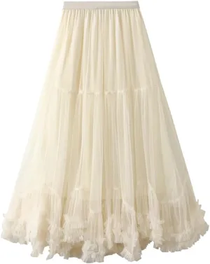 Women's Maxi Skirt Stretch High Waist Ruffle Hem Dance Skirts Fluffy A-Line Midi Skirt