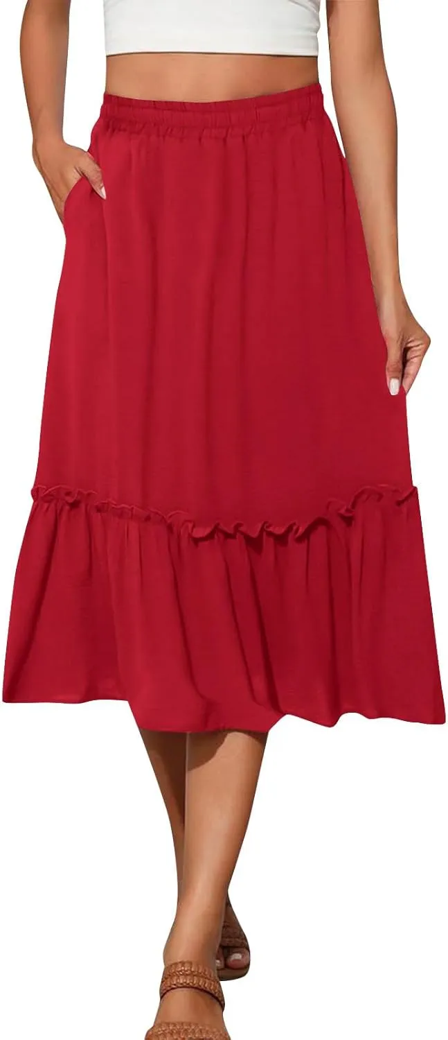 Women's Midi Summer Flowy Swing A-Line Skirts Casual Elastic Waist Tiered Long Skirt Beach Vacation Outfits Clothes
