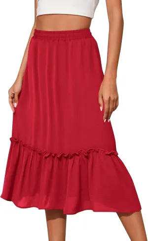 Women's Midi Summer Flowy Swing A-Line Skirts Casual Elastic Waist Tiered Long Skirt Beach Vacation Outfits Clothes