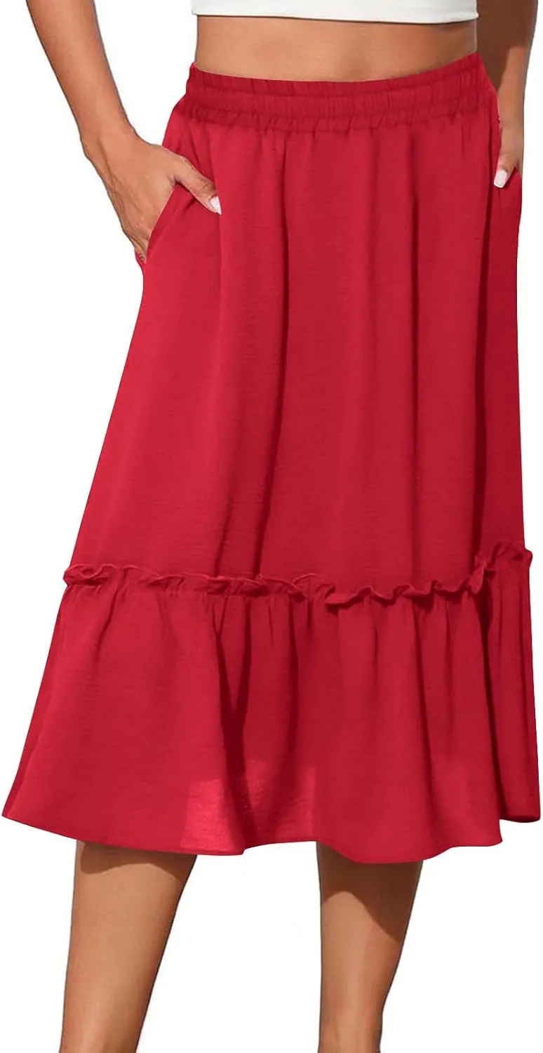 Women's Midi Summer Flowy Swing A-Line Skirts Casual Elastic Waist Tiered Long Skirt Beach Vacation Outfits Clothes