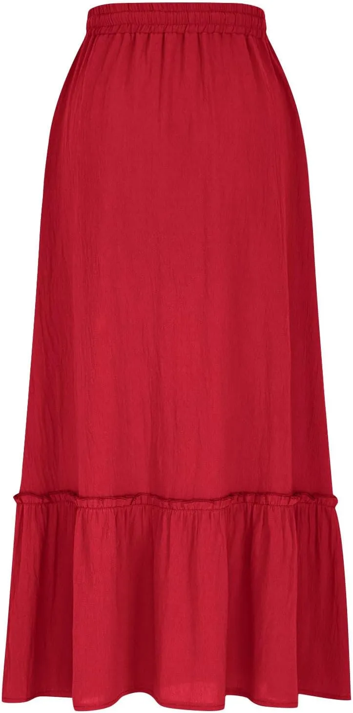 Women's Midi Summer Flowy Swing A-Line Skirts Casual Elastic Waist Tiered Long Skirt Beach Vacation Outfits Clothes