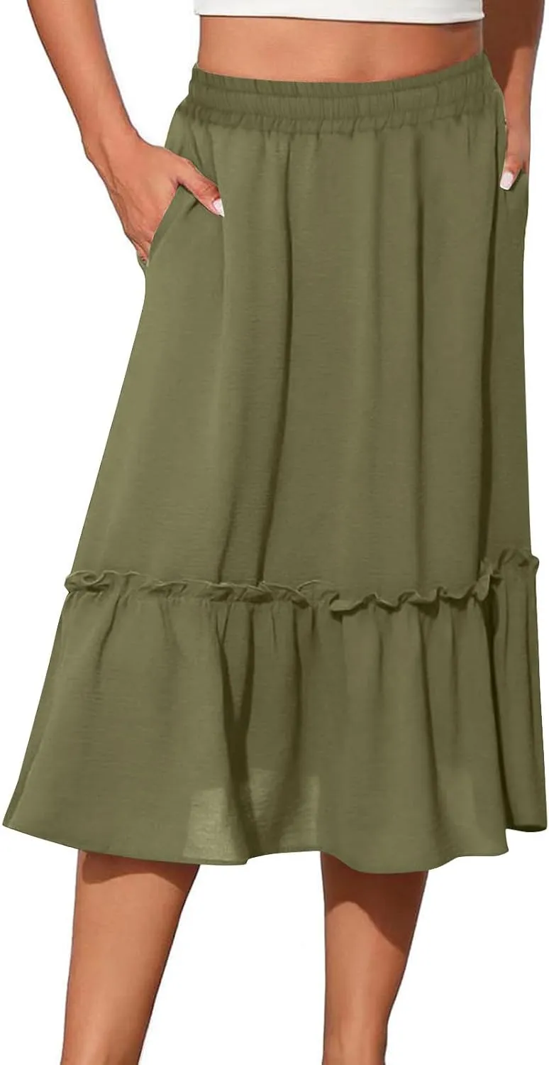 Women's Midi Summer Flowy Swing A-Line Skirts Casual Elastic Waist Tiered Long Skirt Beach Vacation Outfits Clothes