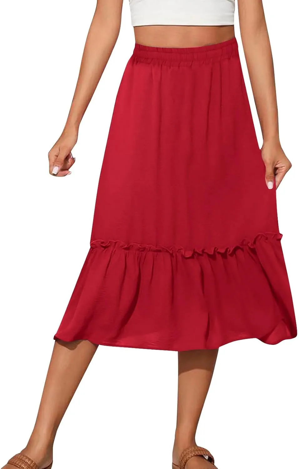 Women's Midi Summer Flowy Swing A-Line Skirts Casual Elastic Waist Tiered Long Skirt Beach Vacation Outfits Clothes