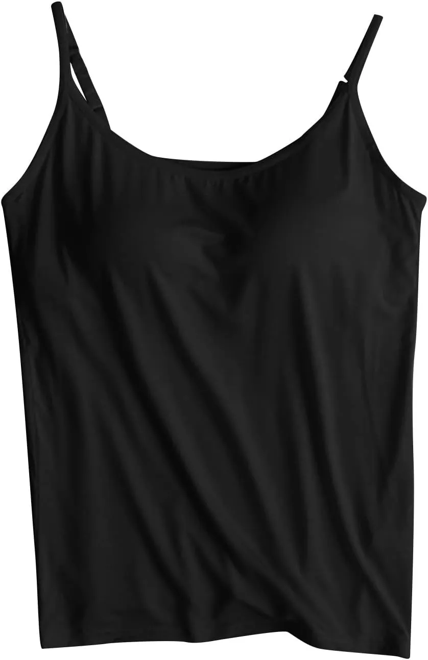 Womens Modal Camisole Spaghetti Strap Tank Tops with Shelf Bra Stretch Cami Undershirts Layer Padded Bra Yoge Camisole