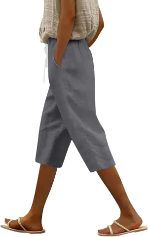 Women's Pants Suit Drawstring Petite Linen Cotton Capri Pants for Women Stretch Cargo Summer Womens Capris Loose