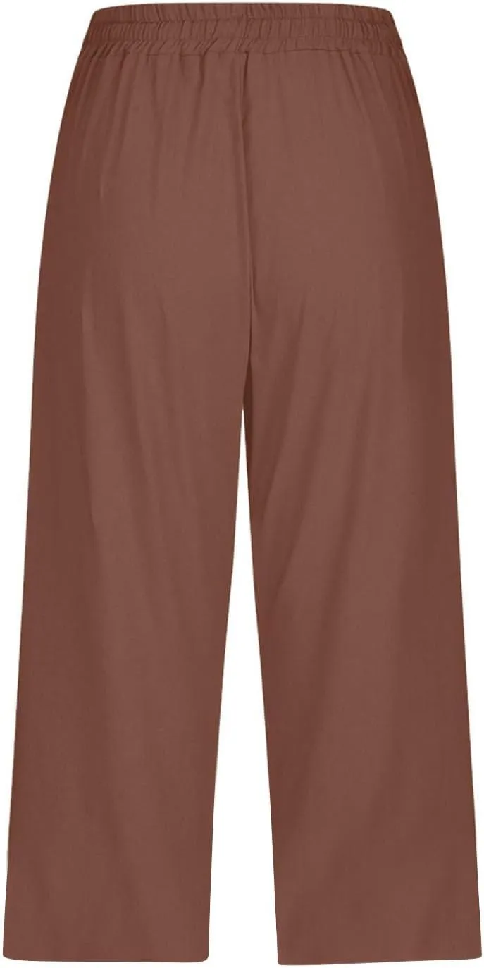 Women's Pants Suit Drawstring Petite Linen Cotton Capri Pants for Women Stretch Cargo Summer Womens Capris Loose