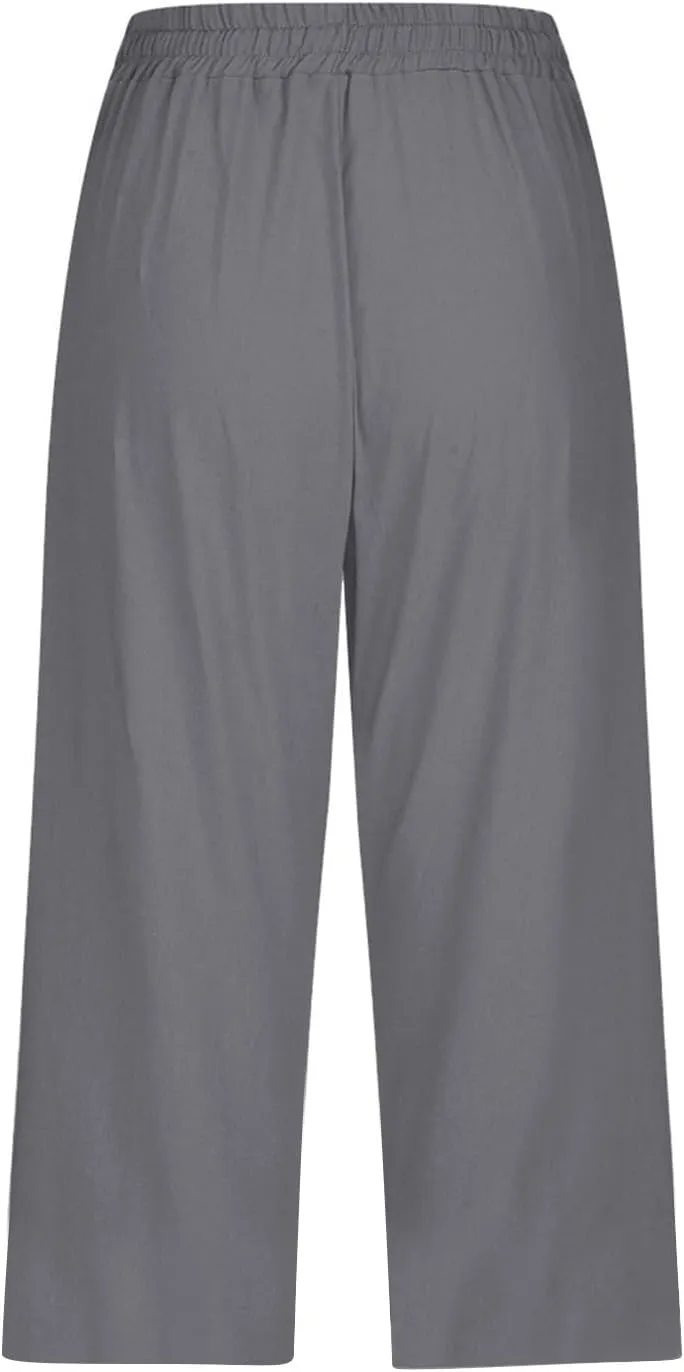 Women's Pants Suit Drawstring Petite Linen Cotton Capri Pants for Women Stretch Cargo Summer Womens Capris Loose