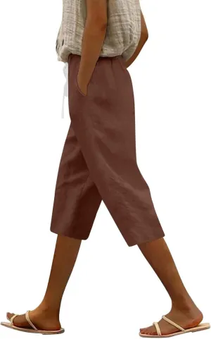 Women's Pants Suit Drawstring Petite Linen Cotton Capri Pants for Women Stretch Cargo Summer Womens Capris Loose