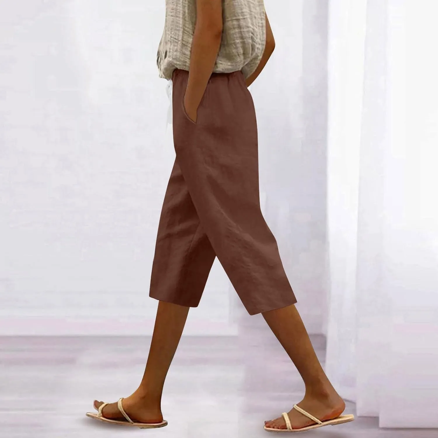 Women's Pants Suit Drawstring Petite Linen Cotton Capri Pants for Women Stretch Cargo Summer Womens Capris Loose