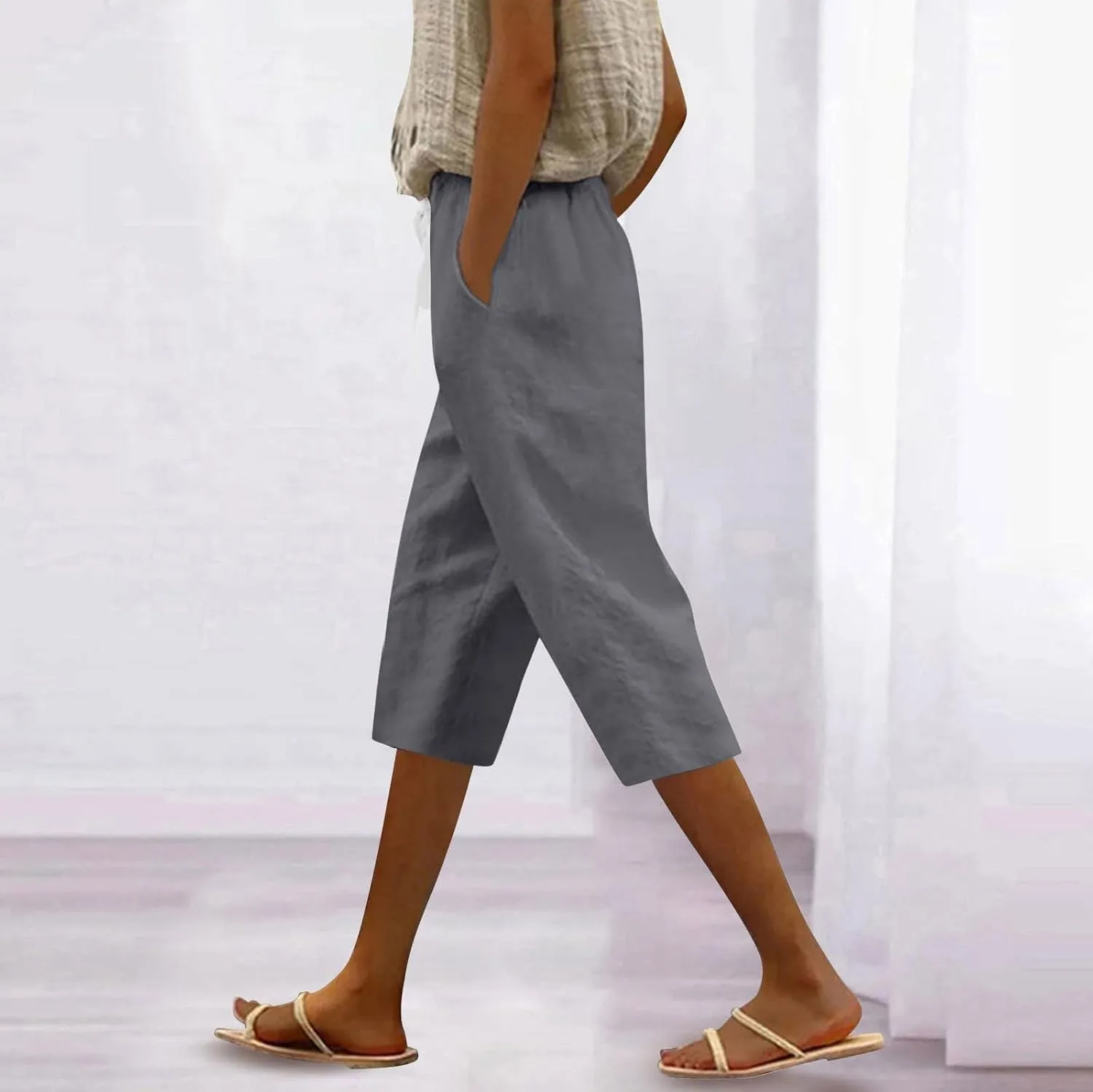 Women's Pants Suit Drawstring Petite Linen Cotton Capri Pants for Women Stretch Cargo Summer Womens Capris Loose