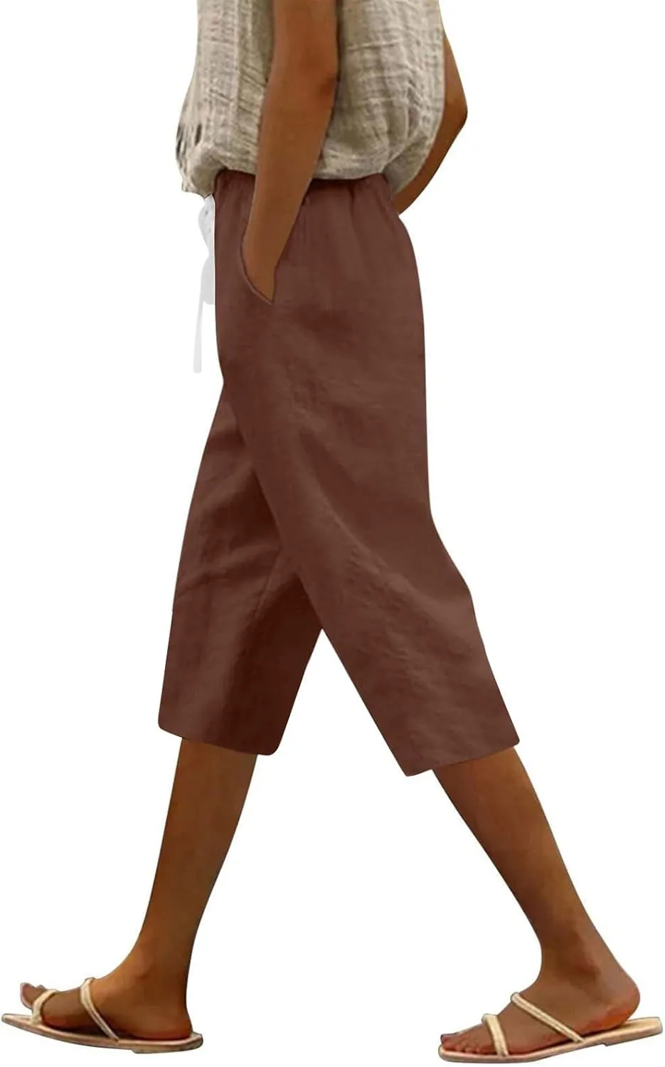 Women's Pants Suit Drawstring Petite Linen Cotton Capri Pants for Women Stretch Cargo Summer Womens Capris Loose