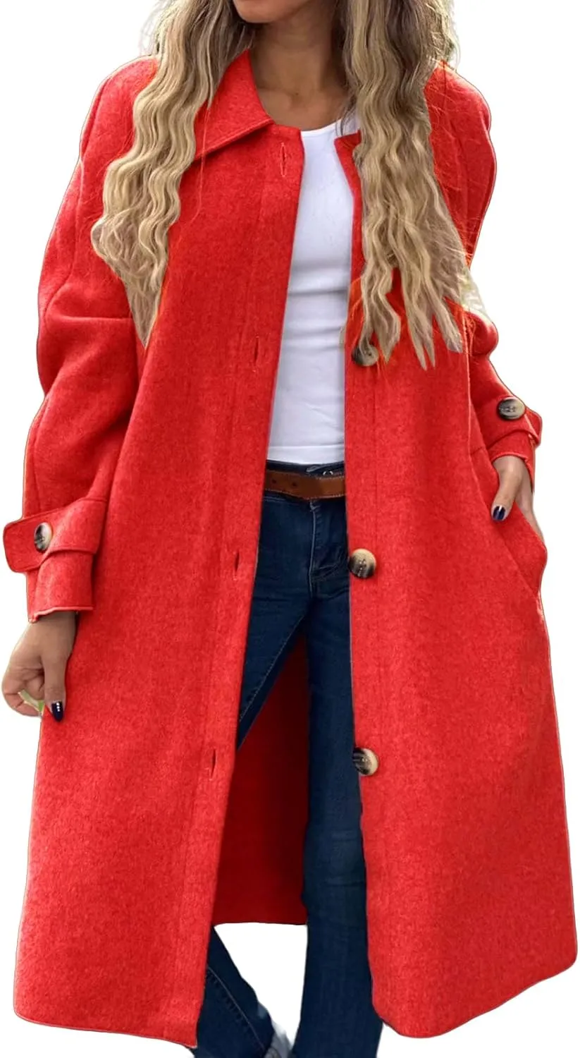 Womens Pea Coat Wool Blend Long Trench Coat Single Breasted Lapel Collar Peacoat Fall Winter Elegant Outerwear