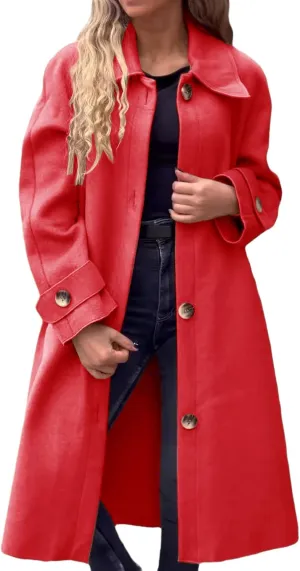 Womens Pea Coat Wool Blend Long Trench Coat Single Breasted Lapel Collar Peacoat Fall Winter Elegant Outerwear