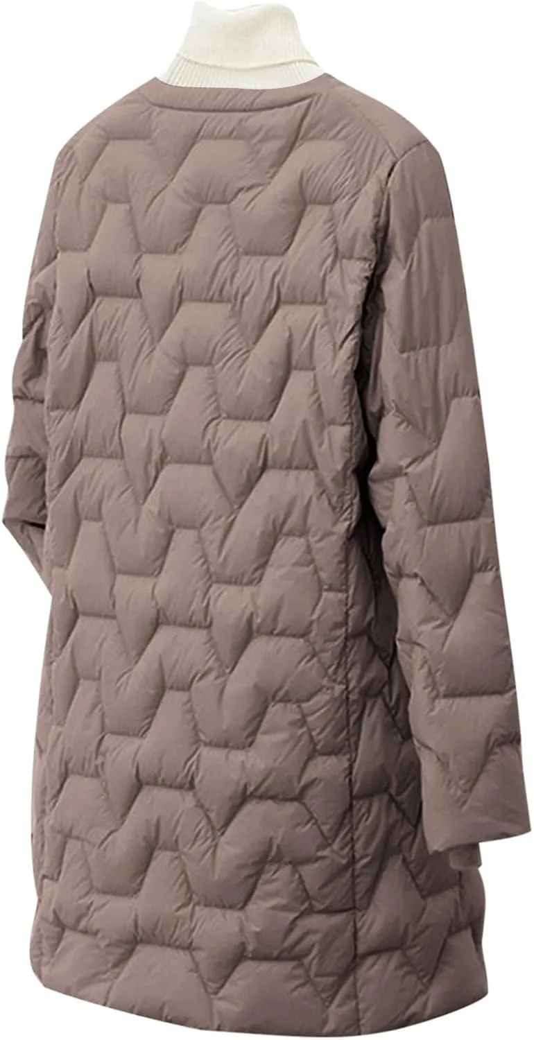 Womens Quilted Lightweight Puffer Jacket Snap Button Midi Length Coats Casual Solid Collarless Winter Warm coat