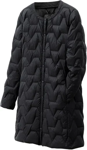 Womens Quilted Lightweight Puffer Jacket Snap Button Midi Length Coats Casual Solid Collarless Winter Warm coat