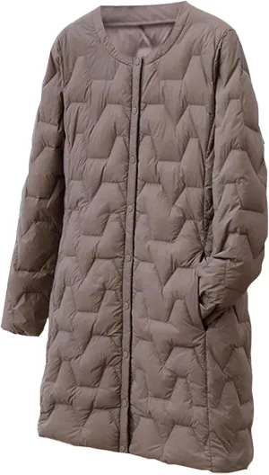 Womens Quilted Lightweight Puffer Jacket Snap Button Midi Length Coats Casual Solid Collarless Winter Warm coat