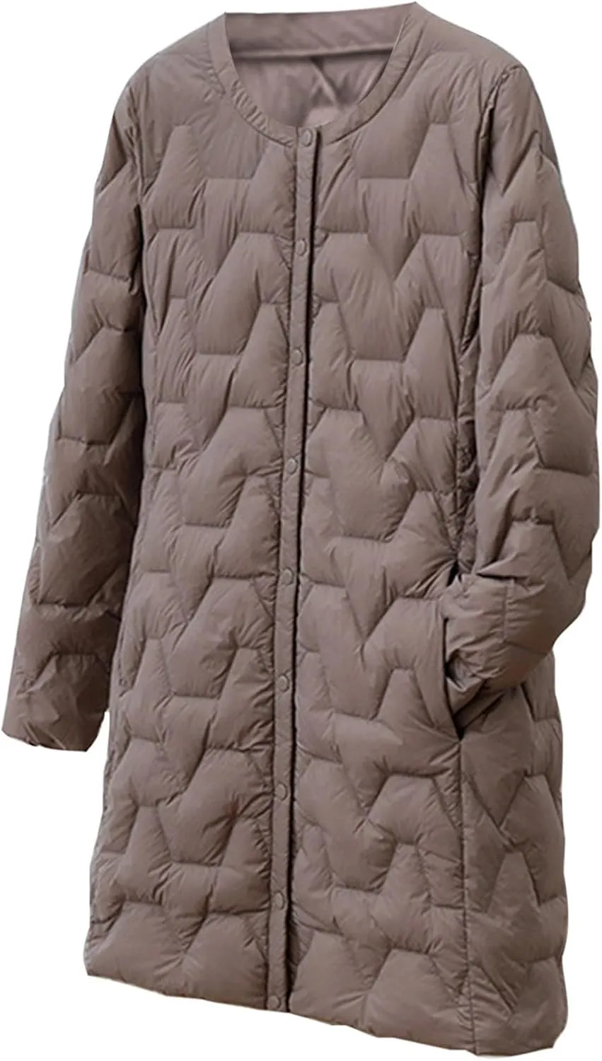 Womens Quilted Lightweight Puffer Jacket Snap Button Midi Length Coats Casual Solid Collarless Winter Warm coat