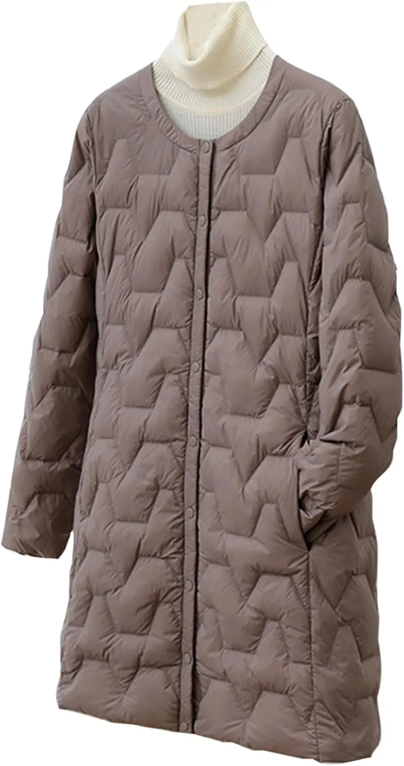 Womens Quilted Lightweight Puffer Jacket Snap Button Midi Length Coats Casual Solid Collarless Winter Warm coat