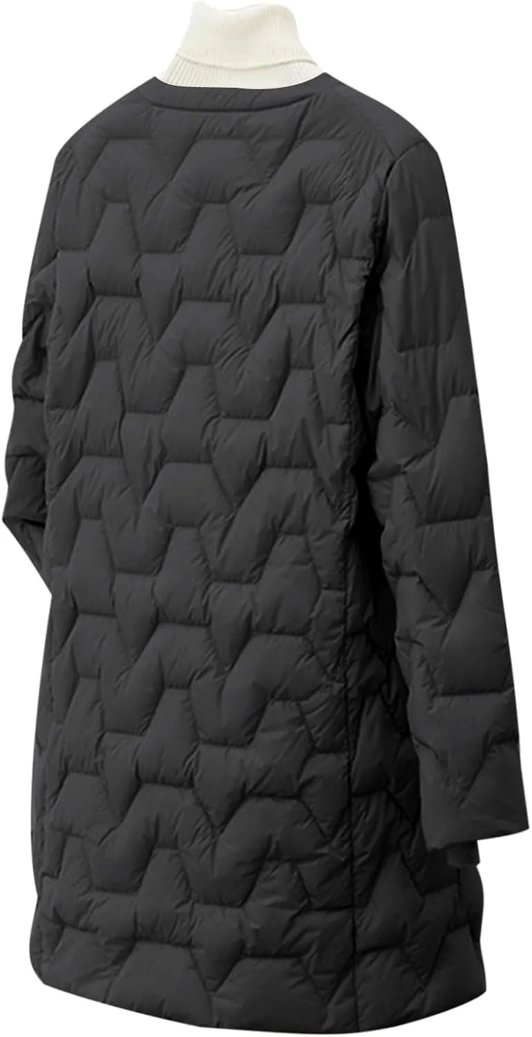 Womens Quilted Lightweight Puffer Jacket Snap Button Midi Length Coats Casual Solid Collarless Winter Warm coat