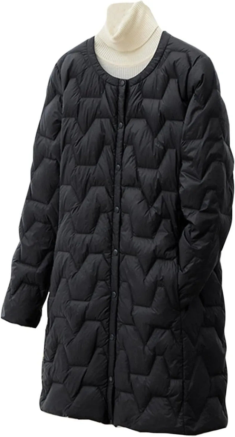 Womens Quilted Lightweight Puffer Jacket Snap Button Midi Length Coats Casual Solid Collarless Winter Warm coat