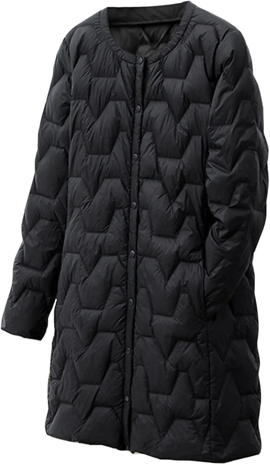 Womens Quilted Lightweight Puffer Jacket Snap Button Midi Length Coats Casual Solid Collarless Winter Warm coat