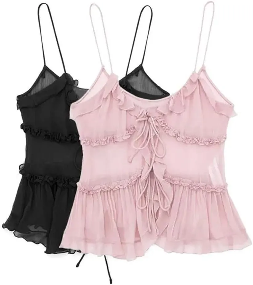 Women's Ruffled Front Tie Translucent Tank Top Sexy Open Back Spaghetti Straps Camisole For Women