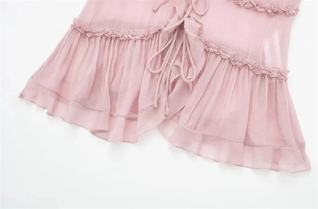 Women's Ruffled Front Tie Translucent Tank Top Sexy Open Back Spaghetti Straps Camisole For Women
