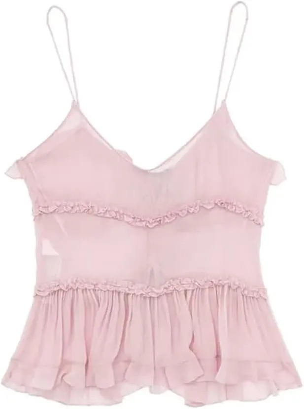 Women's Ruffled Front Tie Translucent Tank Top Sexy Open Back Spaghetti Straps Camisole For Women