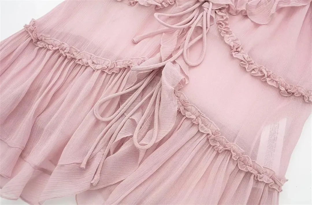 Women's Ruffled Front Tie Translucent Tank Top Sexy Open Back Spaghetti Straps Camisole For Women