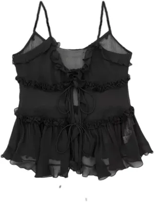 Women's Ruffled Front Tie Translucent Tank Top Sexy Open Back Spaghetti Straps Camisole For Women