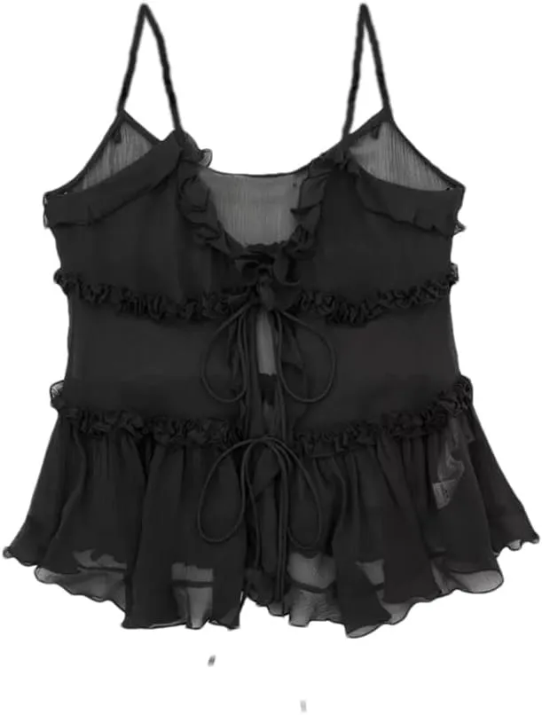 Women's Ruffled Front Tie Translucent Tank Top Sexy Open Back Spaghetti Straps Camisole For Women
