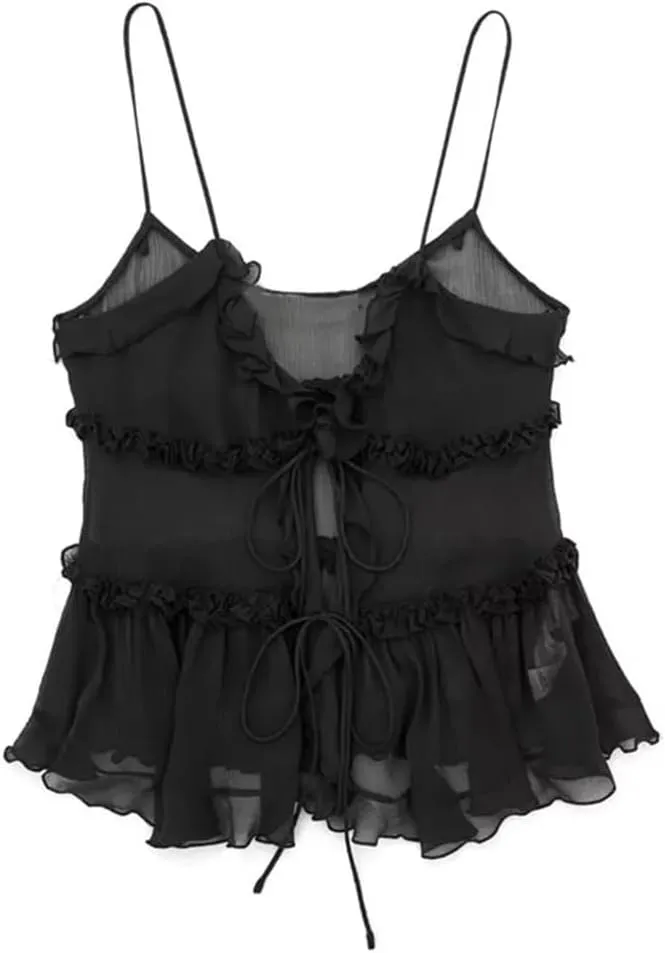 Women's Ruffled Front Tie Translucent Tank Top Sexy Open Back Spaghetti Straps Camisole For Women