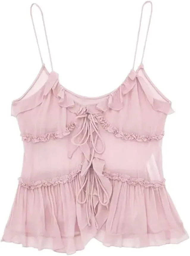 Women's Ruffled Front Tie Translucent Tank Top Sexy Open Back Spaghetti Straps Camisole For Women