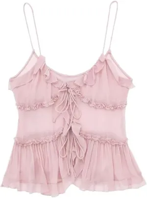 Women's Ruffled Front Tie Translucent Tank Top Sexy Open Back Spaghetti Straps Camisole For Women