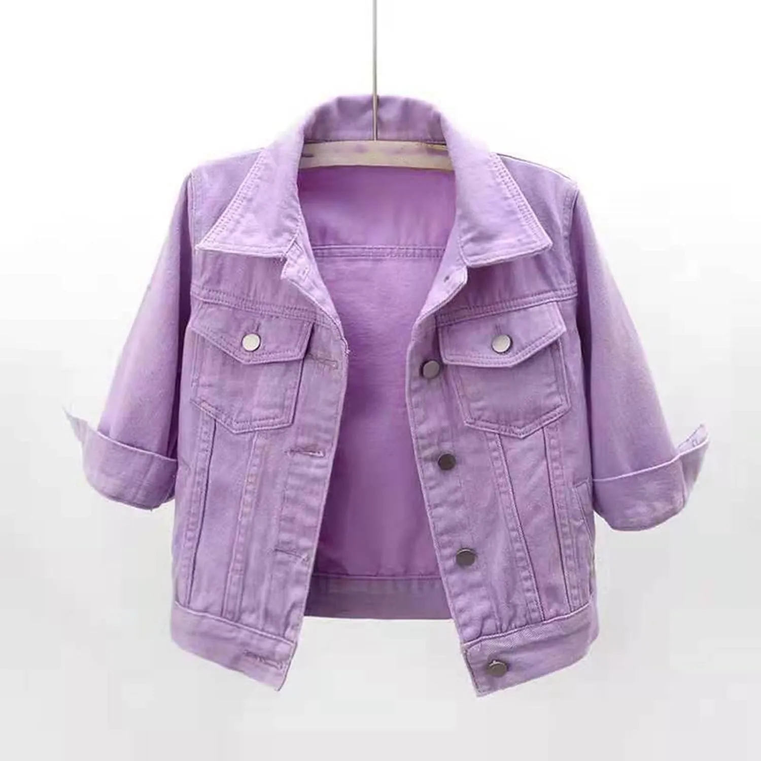 Women's Short Casual Fashion Three Quarter Sleeve Denim Jacket Jean Jacket Light Wash Womens Coat