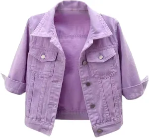 Women's Short Casual Fashion Three Quarter Sleeve Denim Jacket Jean Jacket Light Wash Womens Coat