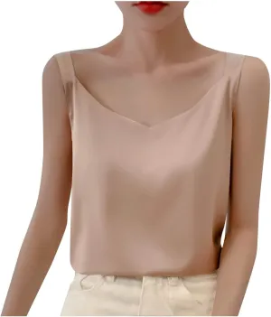 Womens Silk Satin Tank Tops Sleeveless Summer Tops Tank Shirt Round Neck Sleeveless Blouse Camisole