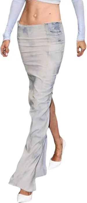 Womens Split High Waist Cargo Denim Midi Skirt Casual A-Line Jean Long Skirts Y2k Summer Solid Workwear Skirt