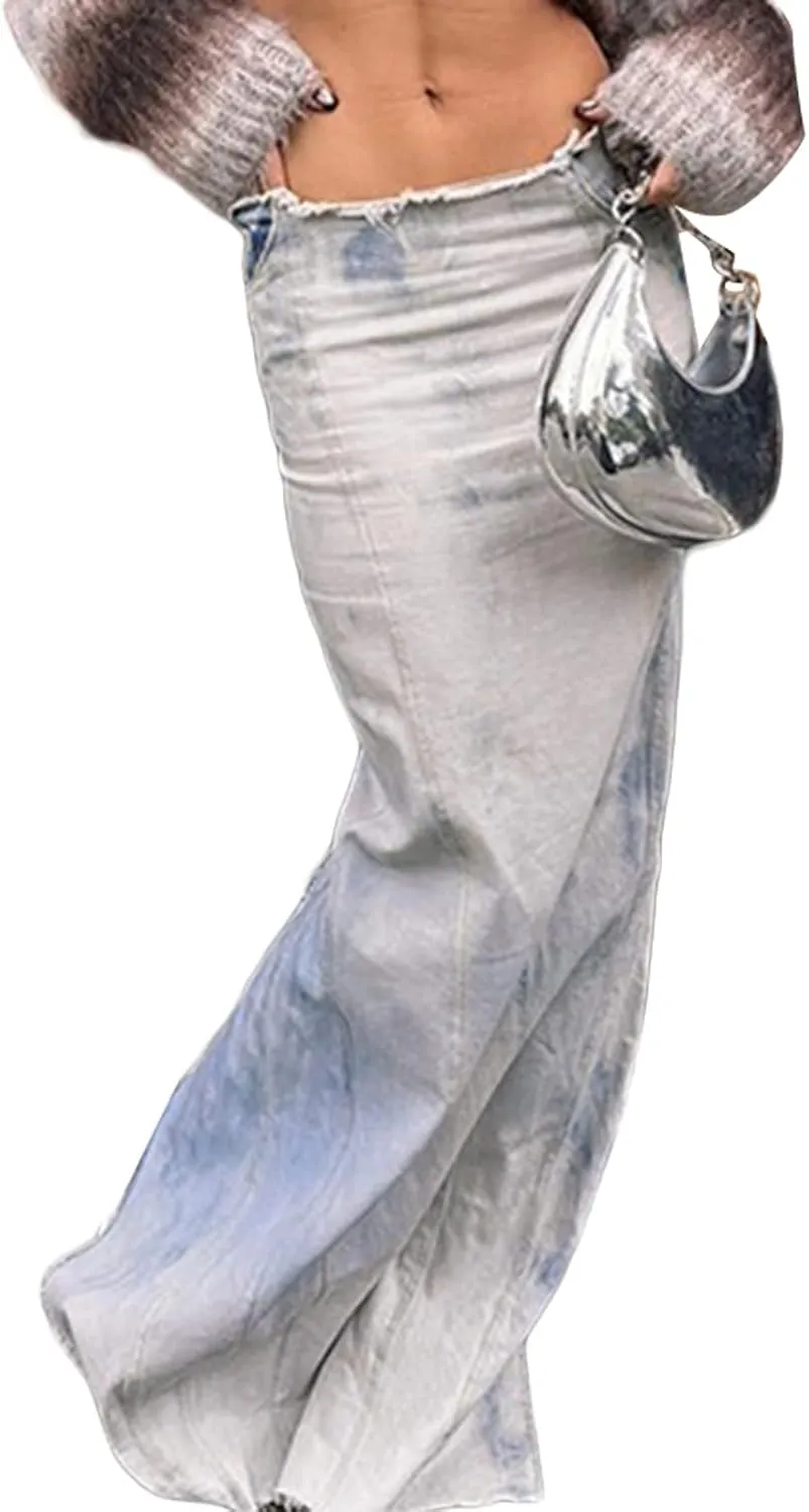 Womens Split High Waist Cargo Denim Midi Skirt Casual A-Line Jean Long Skirts Y2k Summer Solid Workwear Skirt