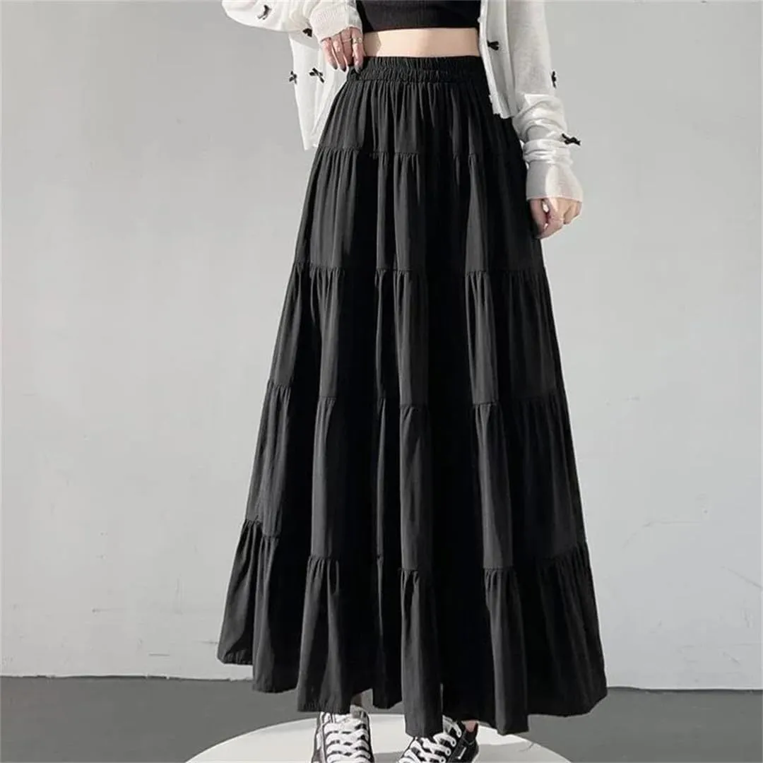 Womens Spring Summer Umbrella Long Skirts Solid High Waist Elegant Korean Straight Cake Skirts