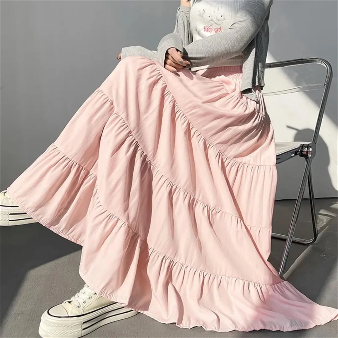 Womens Spring Summer Umbrella Long Skirts Solid High Waist Elegant Korean Straight Cake Skirts