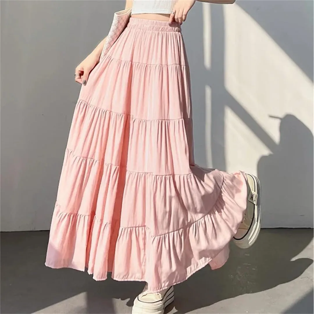 Womens Spring Summer Umbrella Long Skirts Solid High Waist Elegant Korean Straight Cake Skirts