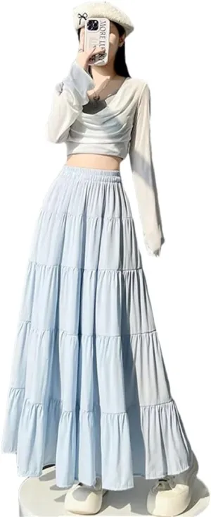 Womens Spring Summer Umbrella Long Skirts Solid High Waist Elegant Korean Straight Cake Skirts
