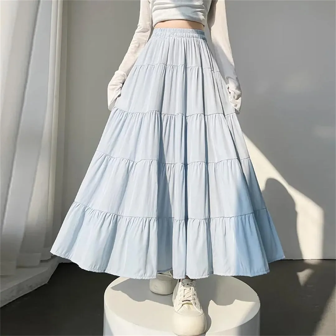 Womens Spring Summer Umbrella Long Skirts Solid High Waist Elegant Korean Straight Cake Skirts
