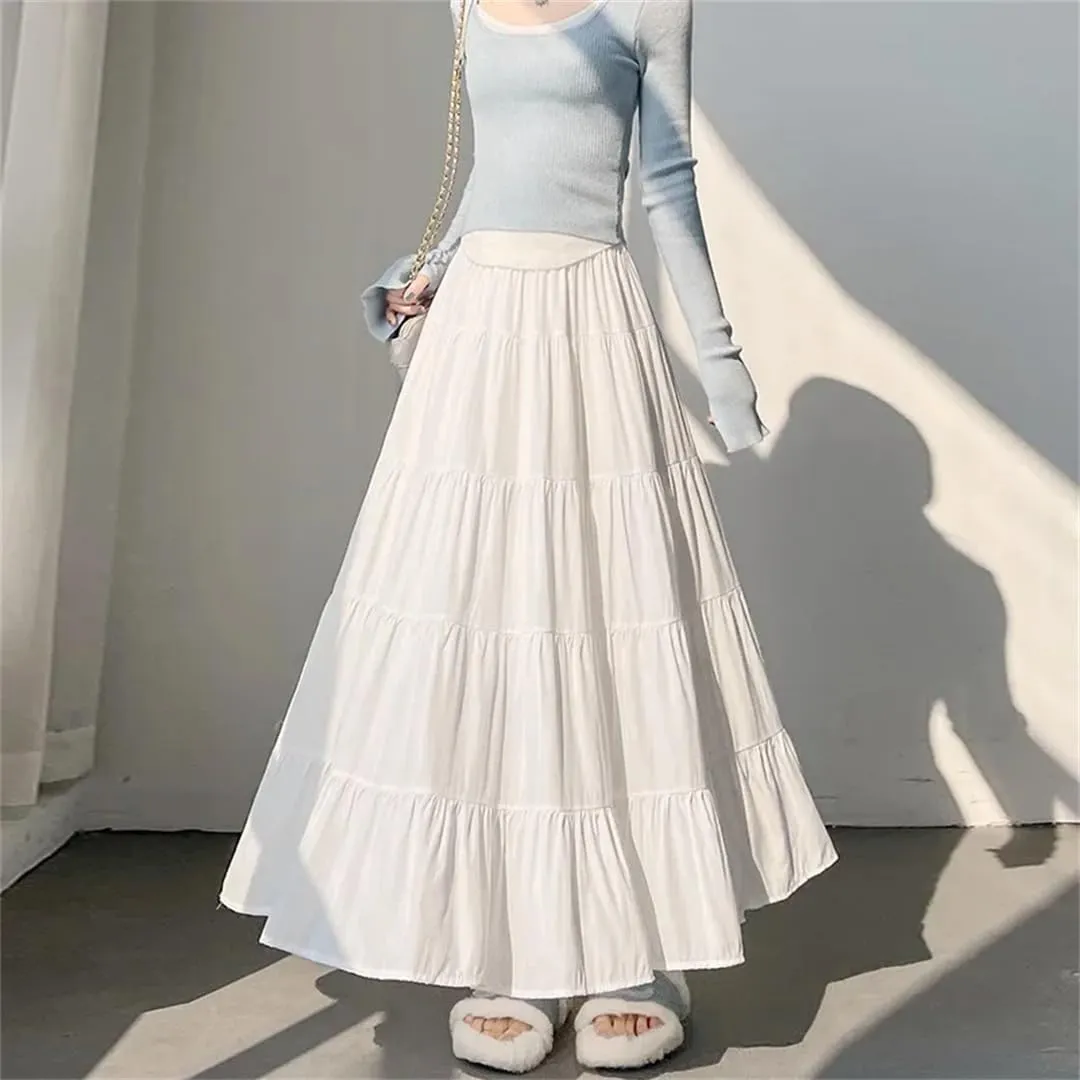 Womens Spring Summer Umbrella Long Skirts Solid High Waist Elegant Korean Straight Cake Skirts